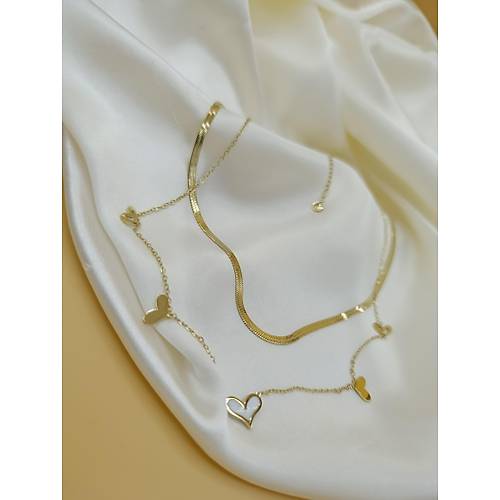 Sedefli �oklu Kalp �talyan Yass� �elik Zincir Kolye