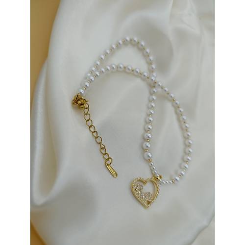 Zirkon Ta�l� Kalp Fig�rl� �ncili �elik Kolye