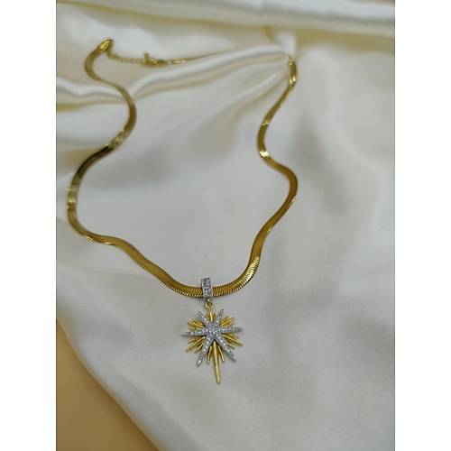 Zirkon Ta�l� Kuzey Y�ld�zl� �elik �talyan Zincir Kolye