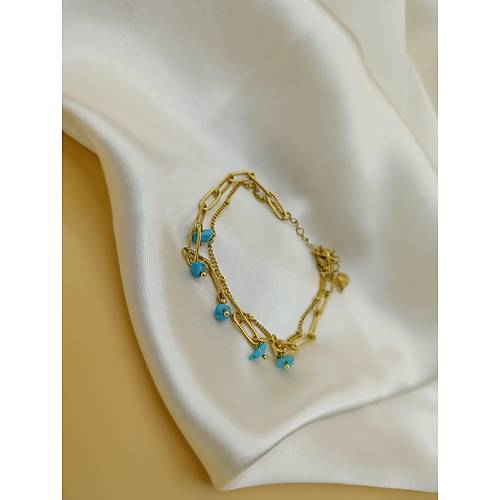 Turkuaz Do�al Ta� Fig�rl� �elik �ift Zincir Halhal