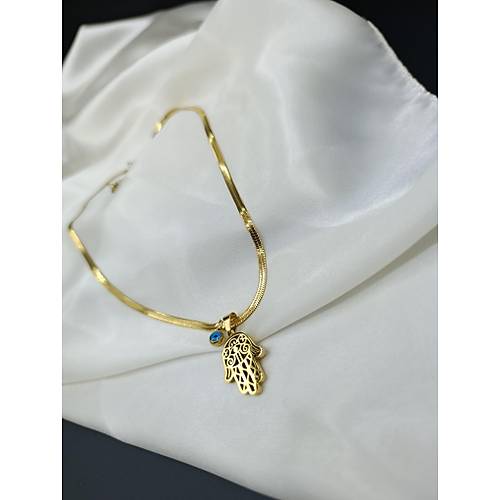 Mavi Boncuklu Fatma Ana Eli talyan Yass elik Kolye