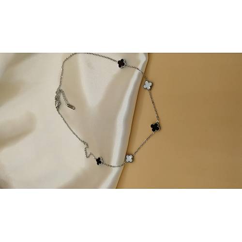 Siyah-Beyaz Van Cleef Yonca Model elik Kolye