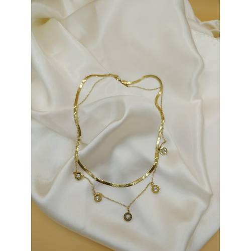 Zirkon Ta�l� �oklu Bvlgari �elik �talyan Zincir Kolye