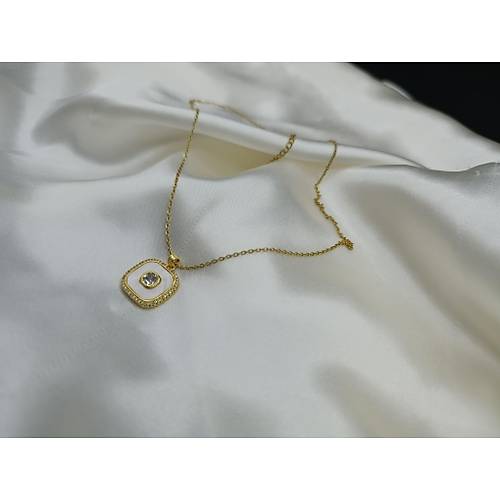 Zirkon Ta�l� Sedef �zeri Tek Ta� �elik Zincir Kolye