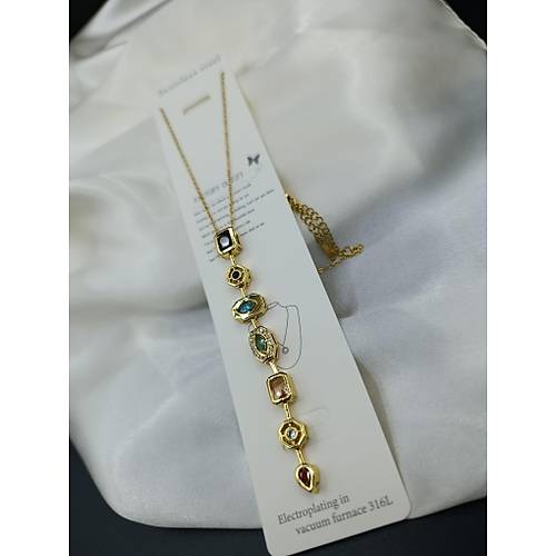 7 Elementli Renkli Zirkon Tal zel Y Tasarm elik Kolye