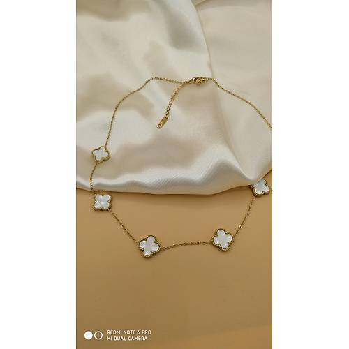 Beyaz Sedef Van Cleef Yonca Model elik Kolye