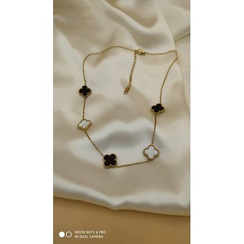 Siyah-Beyaz Van Cleef Yonca Model elik Kolye