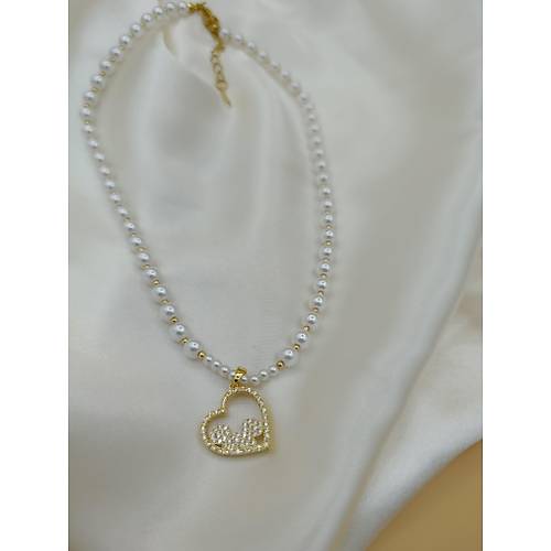 Zirkon Ta�l� Kalp Fig�rl� �ncili �elik Kolye