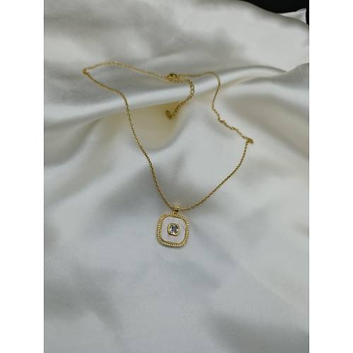 Zirkon Ta�l� Sedef �zeri Tek Ta� �elik Zincir Kolye