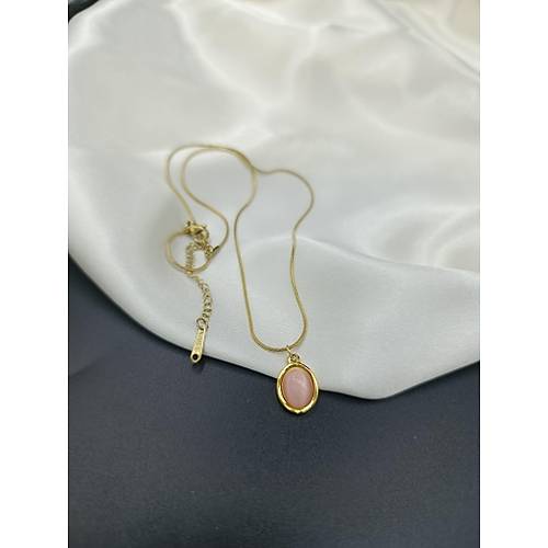 Oval Pembe Ta�l� �elik Kolye