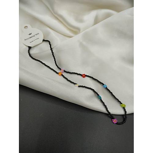 Renkli Papatyal� Siyah Boncuk Kolye