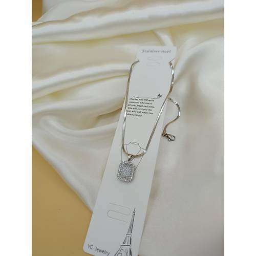 Zirkon Baget Ta�l� �elik �talyan Zincir Kolye