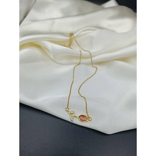 Pembe G�l Fig�rl� Zirkon Ta�l� �elik Kolye