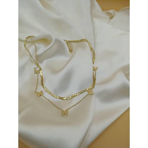 Kelebek Fig�r Zincirli �talyan Yass� �elik Kolye