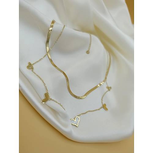 Sedefli �oklu Kalp �talyan Yass� �elik Zincir Kolye