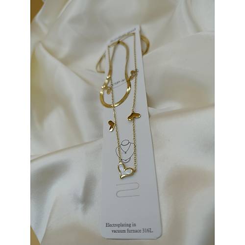 Sedefli �oklu Kalp �talyan Yass� �elik Zincir Kolye