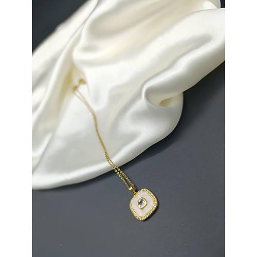 Zirkon Ta�l� Sedef �zeri Tek Ta� �elik Zincir Kolye