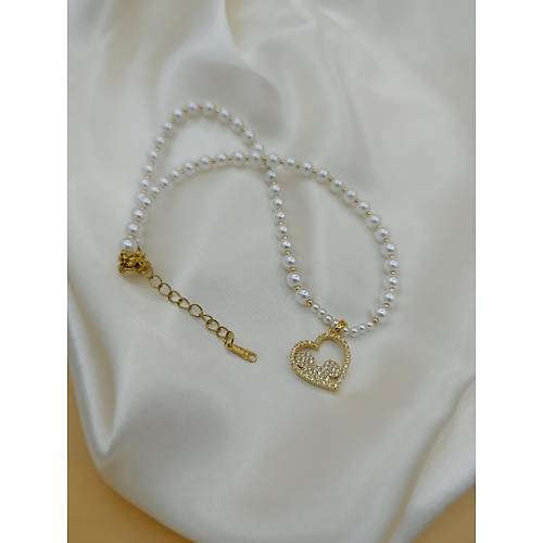 Zirkon Ta�l� Kalp Fig�rl� �ncili �elik Kolye