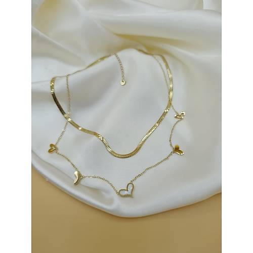 Sedefli �oklu Kalp �talyan Yass� �elik Zincir Kolye