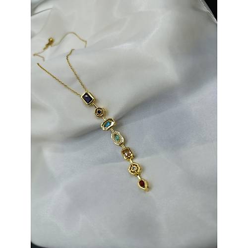 7 Elementli Renkli Zirkon Tal zel Y Tasarm elik Kolye