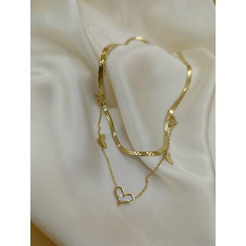 Sedefli �oklu Kalp �talyan Yass� �elik Zincir Kolye