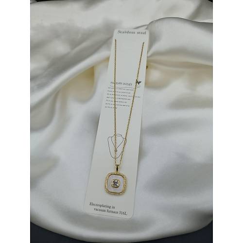 Zirkon Ta�l� Sedef �zeri Tek Ta� �elik Zincir Kolye