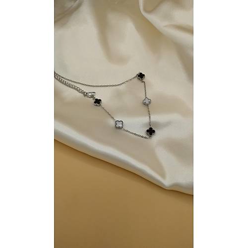 Siyah-Beyaz Van Cleef Yonca Model elik Kolye