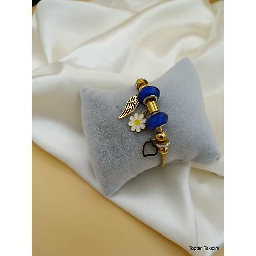 Zirkon Ta�l� Mavi Ta�l� Kanat-Papatya-Kalp Charml� �elik Pandora