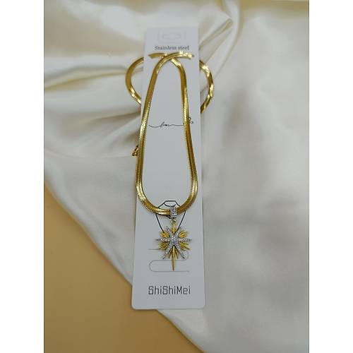 Zirkon Ta�l� Kuzey Y�ld�zl� �elik �talyan Zincir Kolye