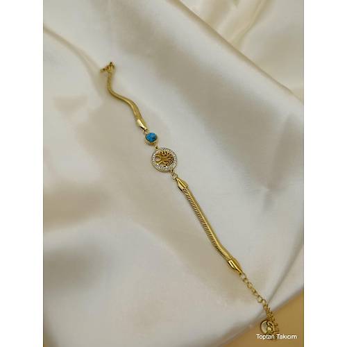 Zirkon Ta�l� Hayat A�ac� Model Firuzeli �elik Bileklik