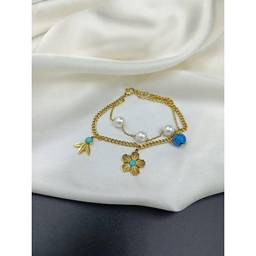 �i�ek ve �nci Detayl� �elik Zincir Bileklik