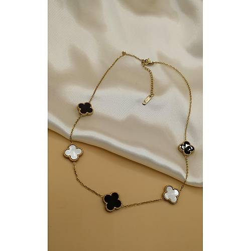 Siyah-Beyaz Van Cleef Yonca Model elik Kolye