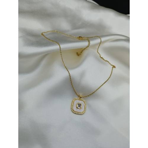 Zirkon Ta�l� Sedef �zeri Tek Ta� �elik Zincir Kolye