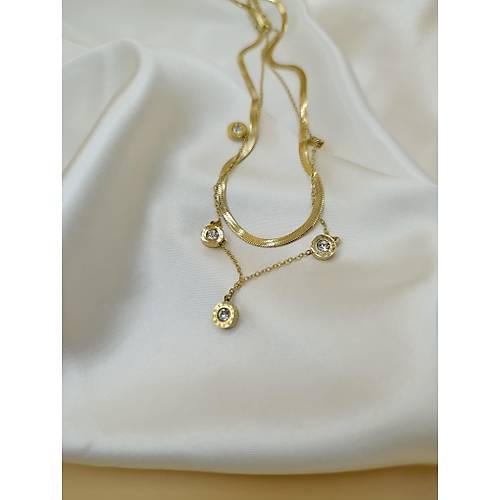 Zirkon Ta�l� �oklu Bvlgari �elik �talyan Zincir Kolye