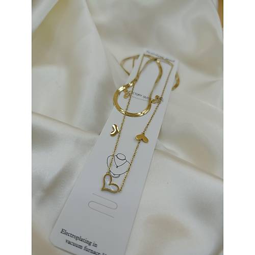 Sedefli �oklu Kalp �talyan Yass� �elik Zincir Kolye