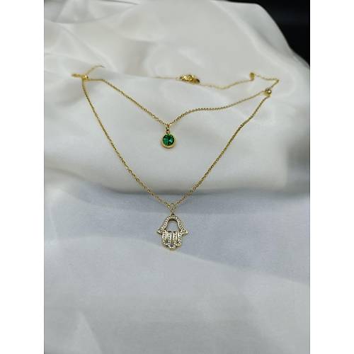 Yeil Kristalli Zirkon Tal Fatma Ana Eli  elik Kolye