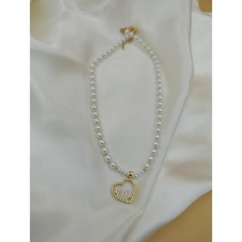 Zirkon Ta�l� Kalp Fig�rl� �ncili �elik Kolye