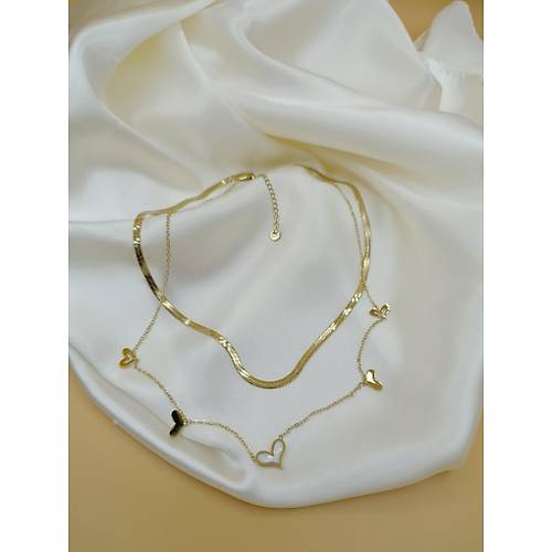 Sedefli �oklu Kalp �talyan Yass� �elik Zincir Kolye