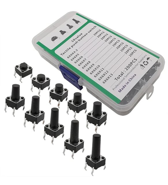 200 Parça Tact Switch Seti 6x6 Dip Kılıf 10 Farklı Boy Plastik Çantada