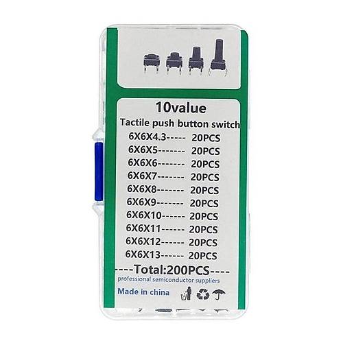 200 Par�a Tact Switch Seti 6x6 Dip K�l�f 10 Farkl� Boy Plastik �antada
