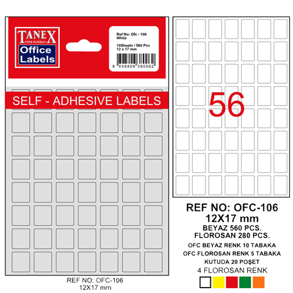 Tanex Ofis Etiketi Poşetli 12x17 MM Beyaz OFC-106 (10 lu paket)