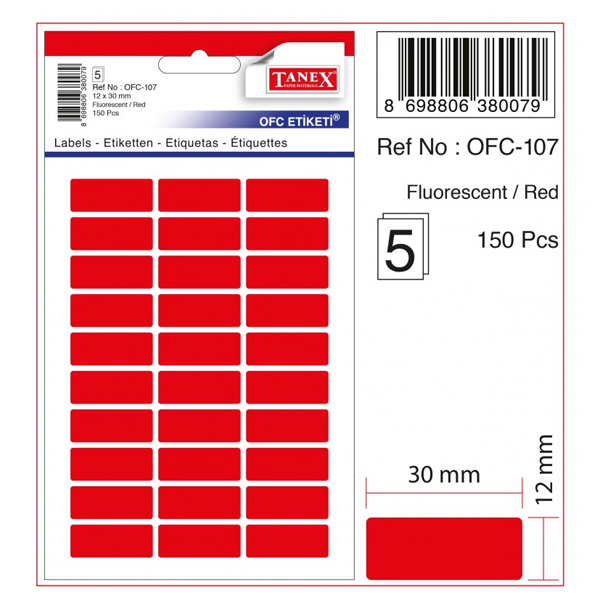 Tanex Ofis Etiketi Poşetli 12x30 Mm Fosforlu Kırmızı (10 paket)OFC-107