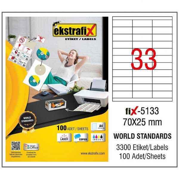Ekstrafix Laser Etiket 100 YP 70x25  Laser-Copy-Inkjet FİX-5133