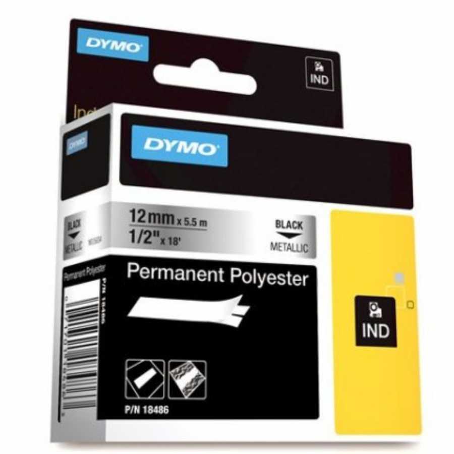 Dymo Rhinopro Sabitpolyester 12 MMx5.5 M Metalik Gri/Siyah 18486