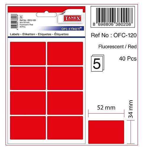 Tanex Flo K�rm�z� Ofis Etiketi 5 Ad. Ofc-120 (10 paket)