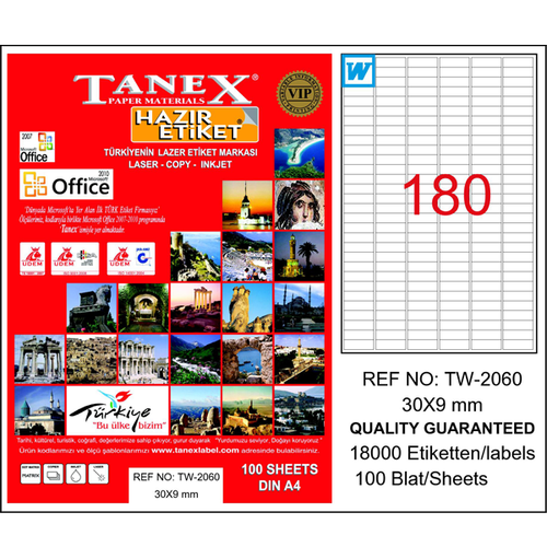 Tanex Laser Etiket 100 YP 30x9 Laser-Copy-Inkjet TW-2060