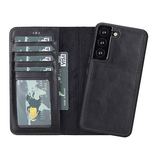 Samsung Galaxy S22 Uyumlu Deri Czdanl Klf MWWN RST1 Siyah