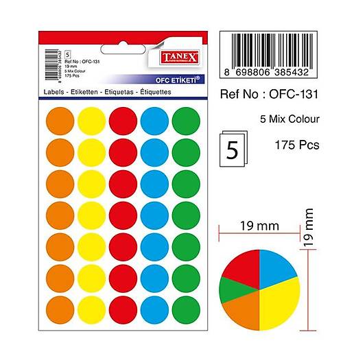 Tanex Ofis Etiketi Po�etli Yuvarlak 19 Mm Mix Color(10 paket) OFC-131