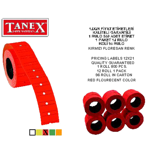 Tanex Fiyat Etiketi �izgili 12x21 Fosforlu K�rm�z�(6 rulo)