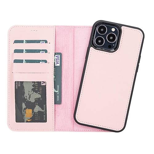 Apple iPhone 13 Pro Max Uyumlu Deri Czdanl Klf NU2 Pembe
